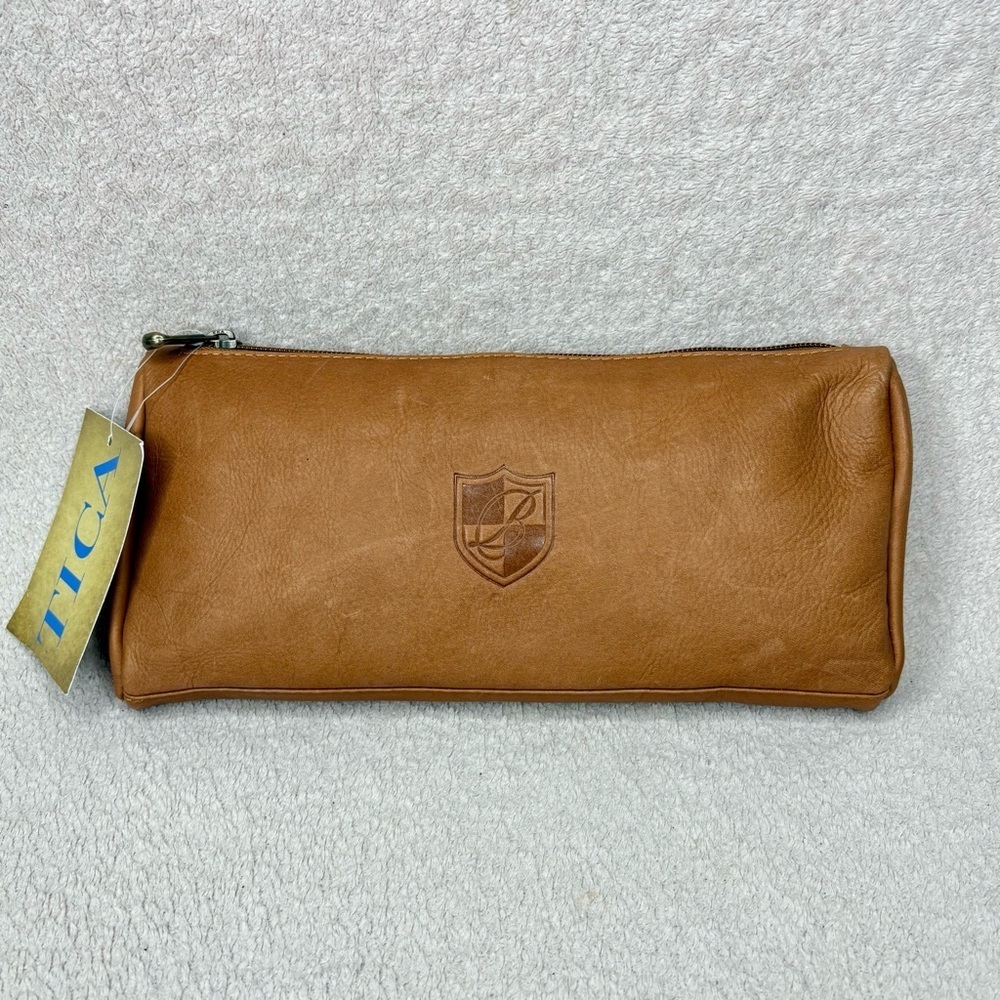 NEW TICA Brown Genuine Leather Zipper Pouch Bag Monogrammed โBโ Travel Vacation